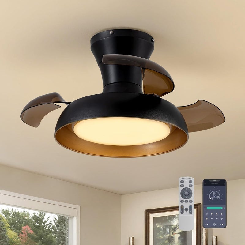 APBEAMLighting 23 Inch Black and Gold Ceiling Fan with Light and Brown Retractable Blades Small Led Light Fixture Ceiling Modern Fandelier Fan Lights Cei ling Fixtures for Bedroom Dining Room Kitchen - Image 1